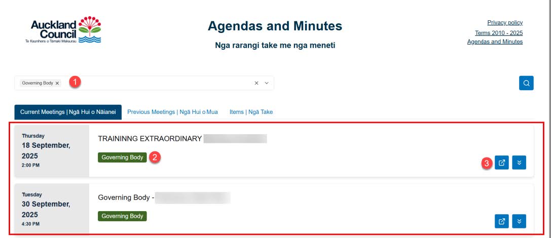 Screenshot of Agendas and Minutes website showing the different tabs