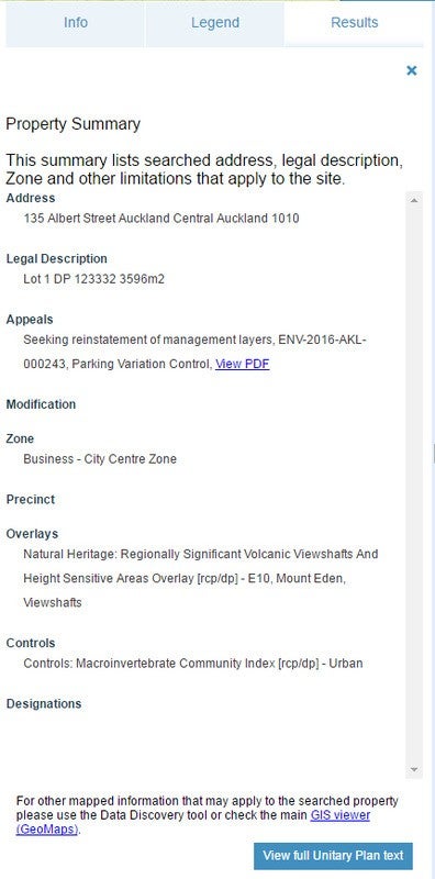 Attributes view of results in the Auckland Unitary Plan map viewer. 