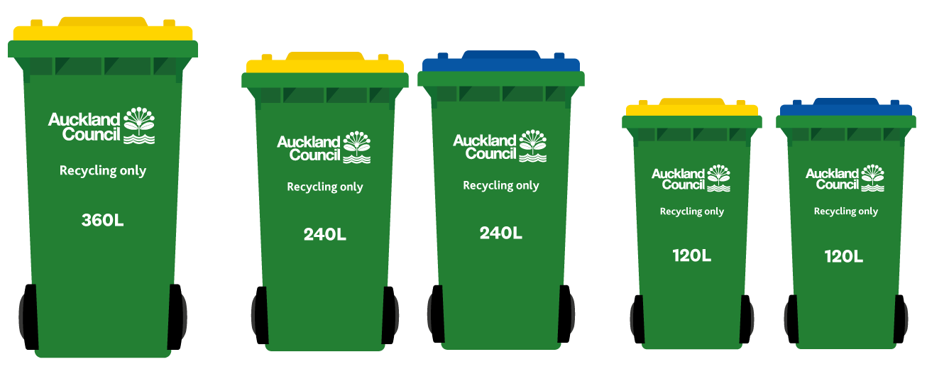 Five green recycling bins with yellow lids in 360, 240 and 120 litre sizes and blue lids in 240 and 120 litre