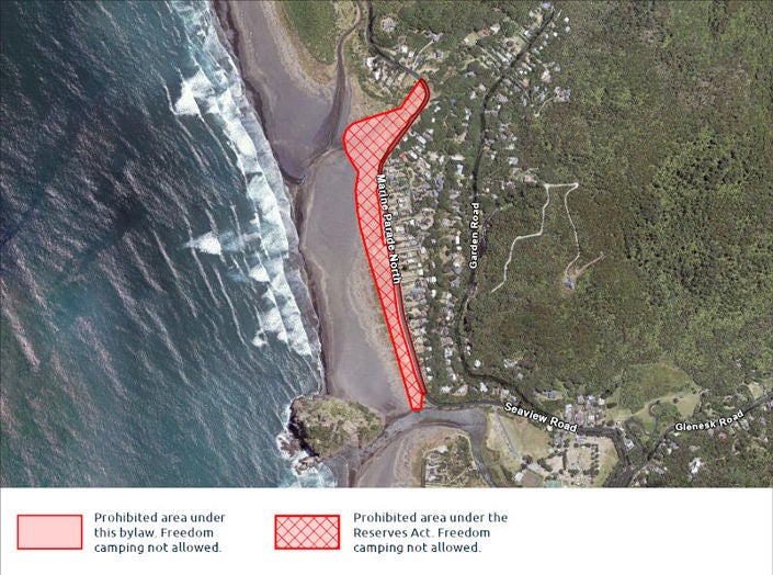 A map highlighting areas where freedom camping is not allowed. 