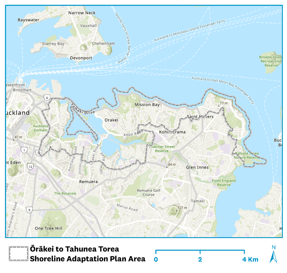 Map of the area covered in the Ōrākei to Tahuna Torea Shoreline Adaptation Plan.