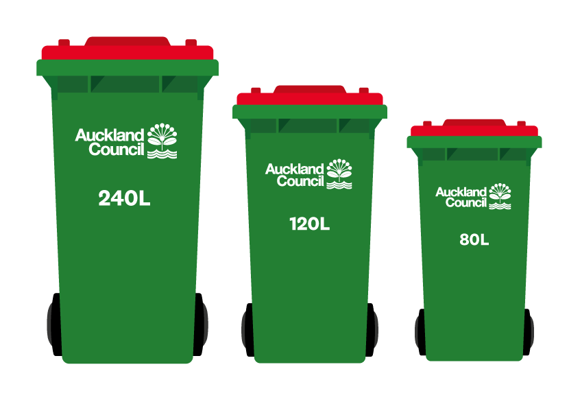 Three green rubbish bins with red lids in 240, 120 and 80 litre sizes. 