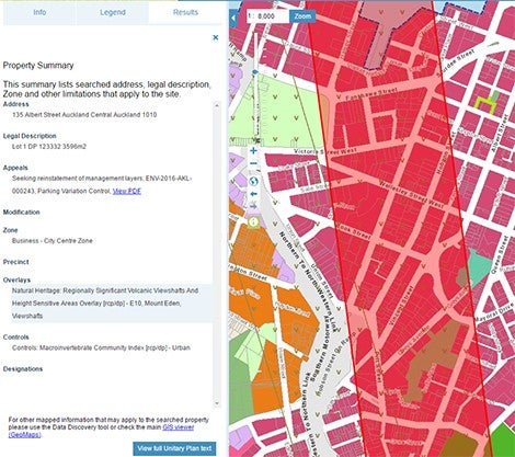 Attributes view of results and property map in the Auckland Unitary Plan map viewer.