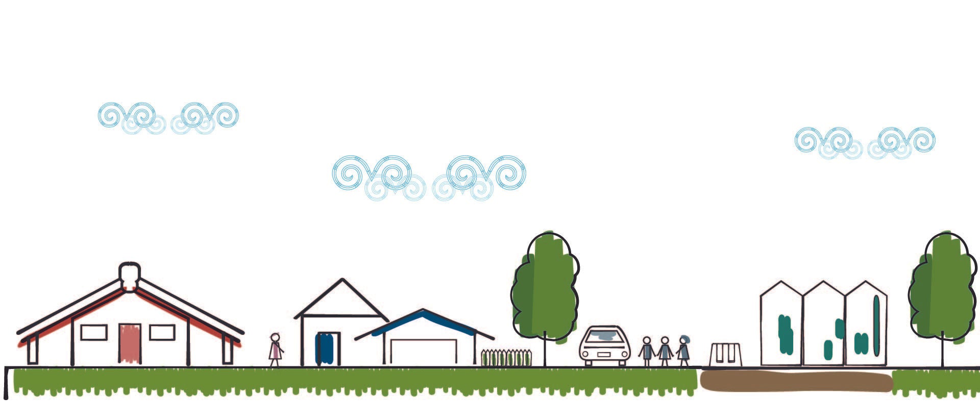 Illustration of a neighbourhood comprised of a marae, a residential house, tall buildings and a community park.