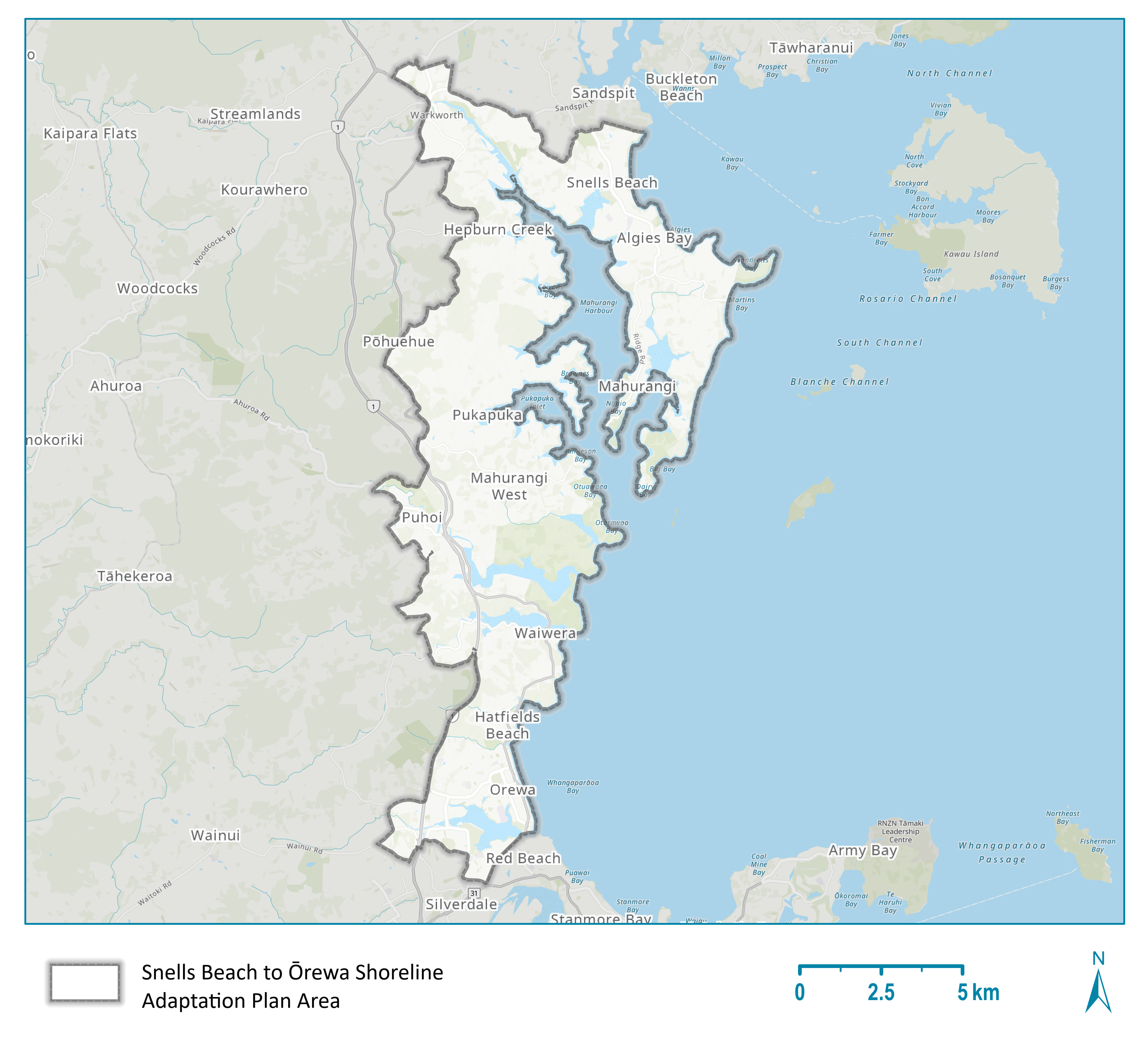 Map of the area covered by Snells Beach to Ōrewa Shoreline Adaptation Plan.