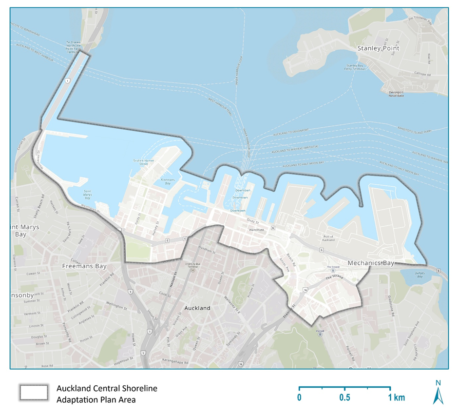 Map of the area covered by the draft Auckland Central Shoreline Adaptation Plan.