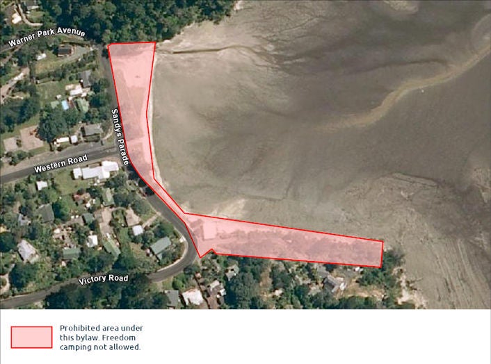 A map highlighting areas where freedom camping is not allowed. 