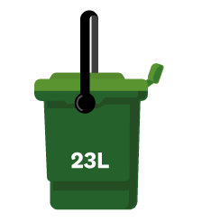 A green 23-litre food scraps bin with a black handle.