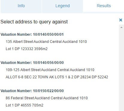 List view of results in the Auckland Unitary Plan map viewer.