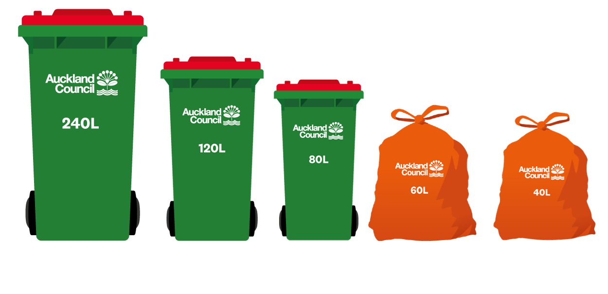 Three green rubbish bins with red lids and two orange rubbish bags. The bins are in 240, 120 and 80 litre siz