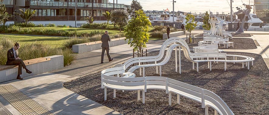 The Long Modified Bench sits in an interactable space in a Waitematā Plaza.