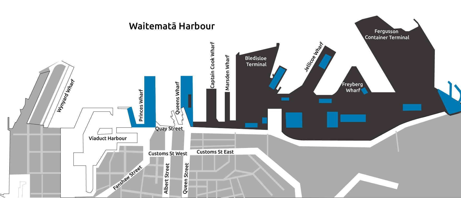 Diagram shows the shoreline of the Waitemata from the CBD with the present day footprint of wharfs shown in a dotted line