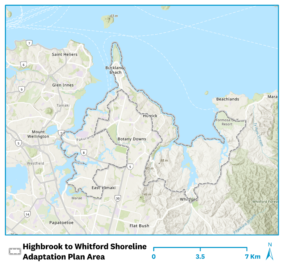 Map of the area covered in the Highbrook to Whitford Shoreline Adaptation Plan.