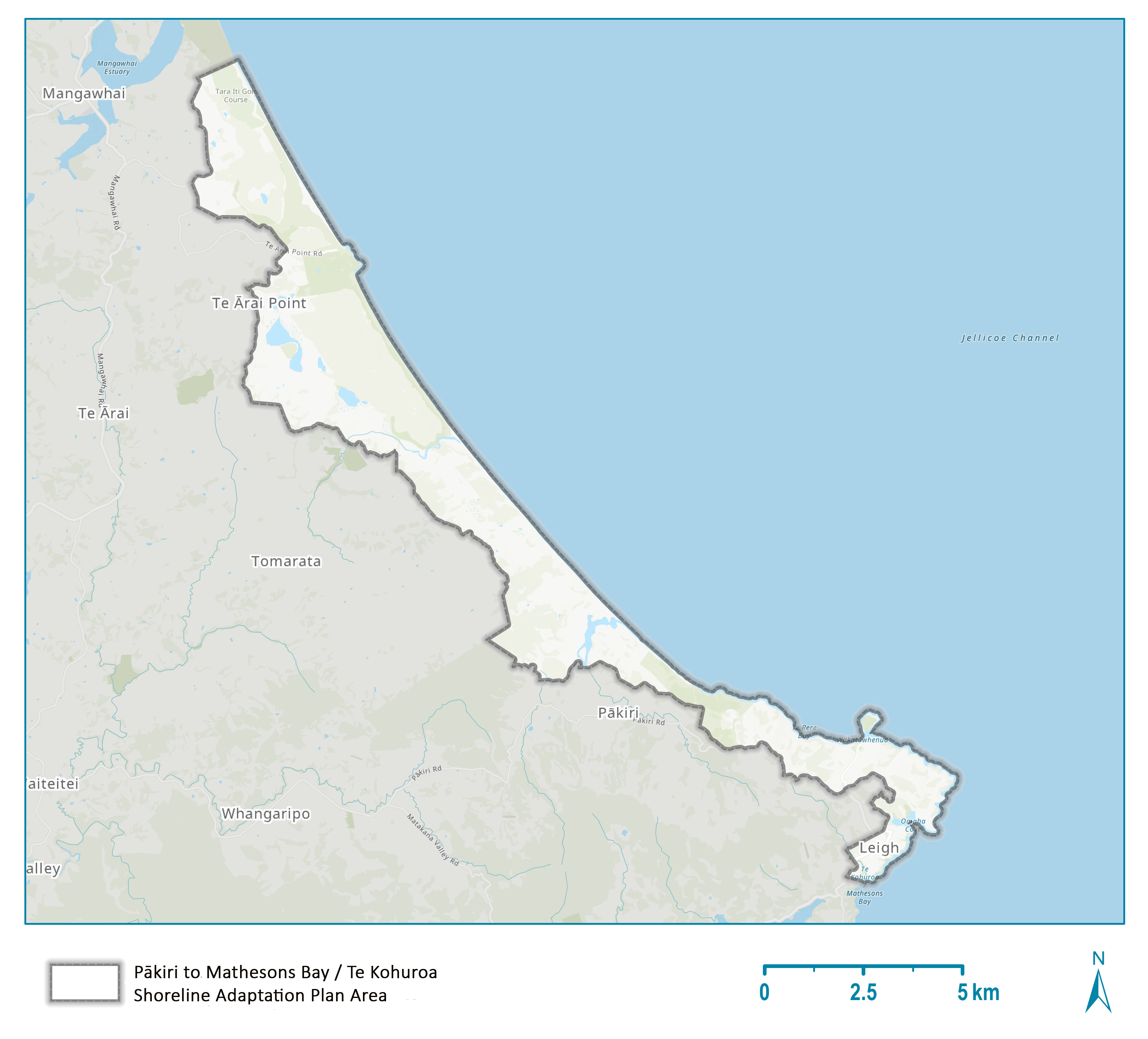 Map of the area covered by the Pākiri to Mathesons Bay / Te Kohuroa Shoreline Adaptation Plan.