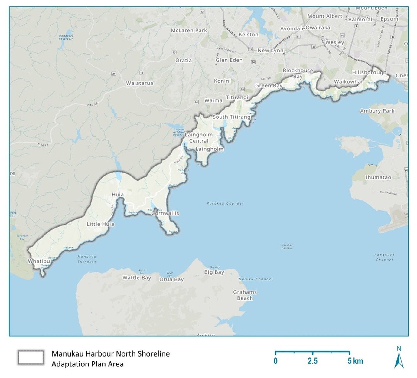 Map of the area covered by Manukau Harbour North Shoreline Adaptation Plan.