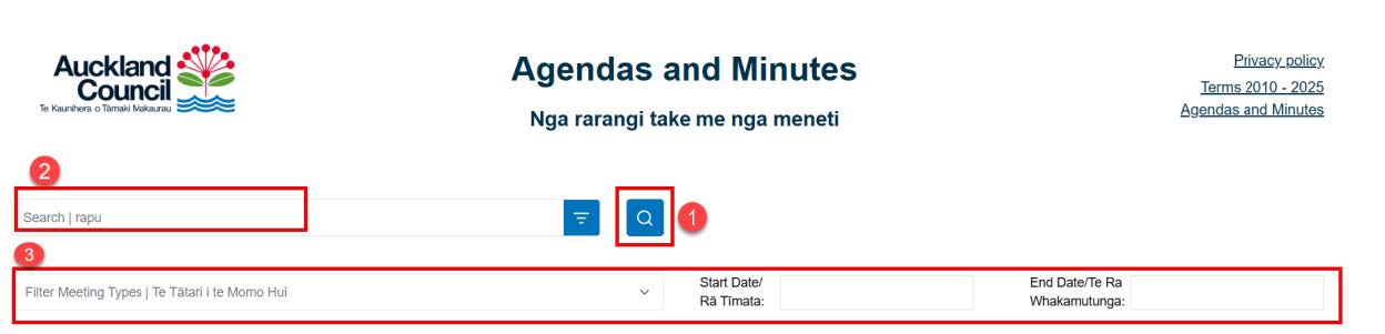 Screenshot of Agendas and minutes website showing the search box and filter options to narrow your search.
