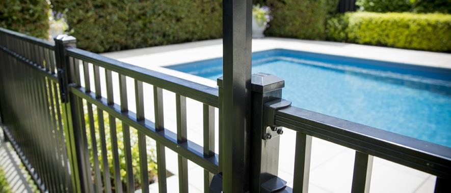 A pool fenced by green bushes and a metal fence.