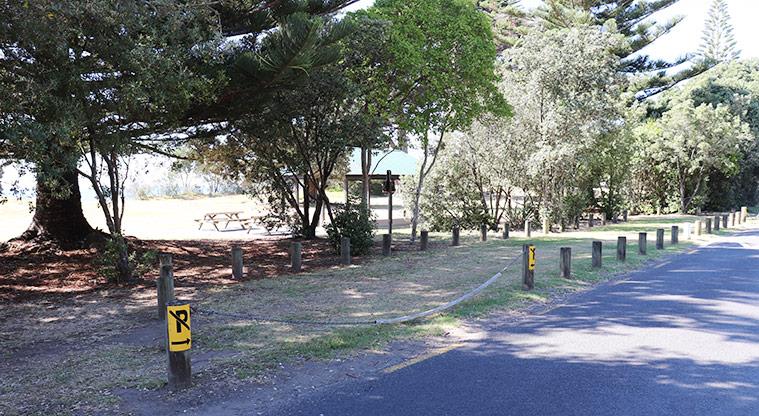 Long Bay Regional Park - Bookable site four entrance with bollards and a chain, and trees in the background.