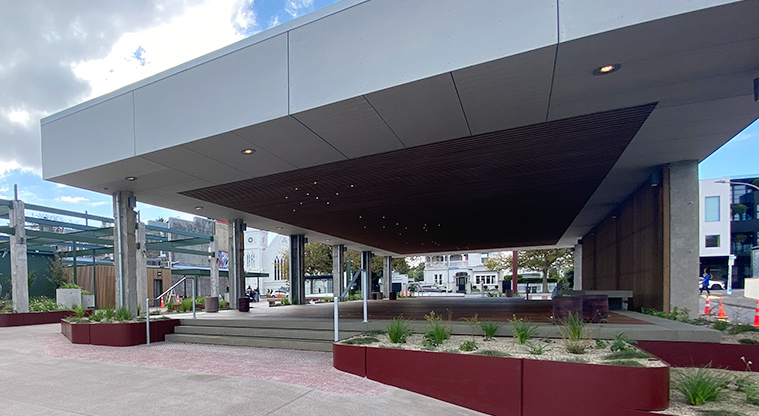 Planter boxes and stage.