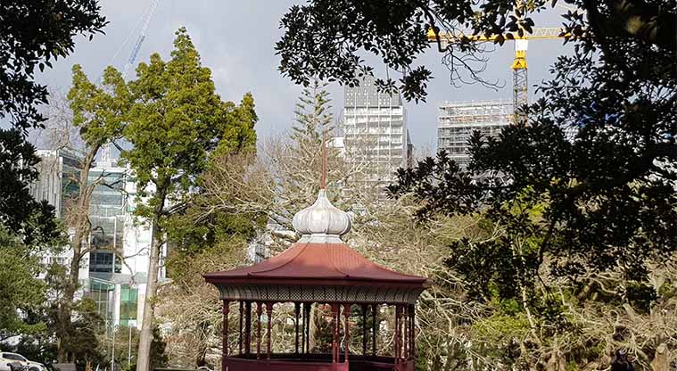 Albert Park - The band rotunda and Auckland University of Technology in the background.