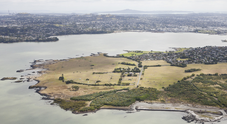 Ambury Regional Park - aerial view looking towards Rangitoto Island, with the Sky Tower on the left.