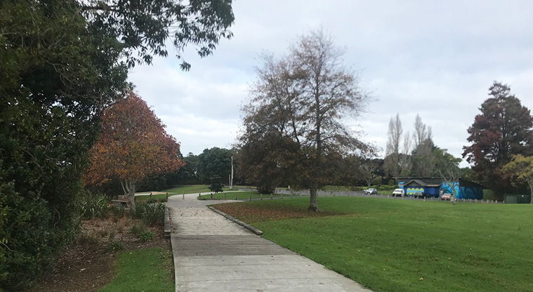 Archibald Park - Path through the park with the Beaubank Road car park and toilets in the background.