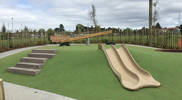 Archibald Park – Slide and seesaw in the junior play area. Photo credit: T Hodder.