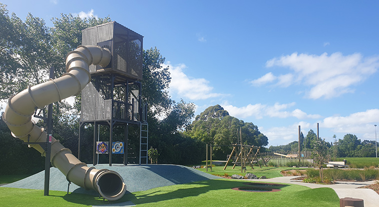 Archibald Park – Climbing tower based on a maimai. Photo credit: J Grigg.