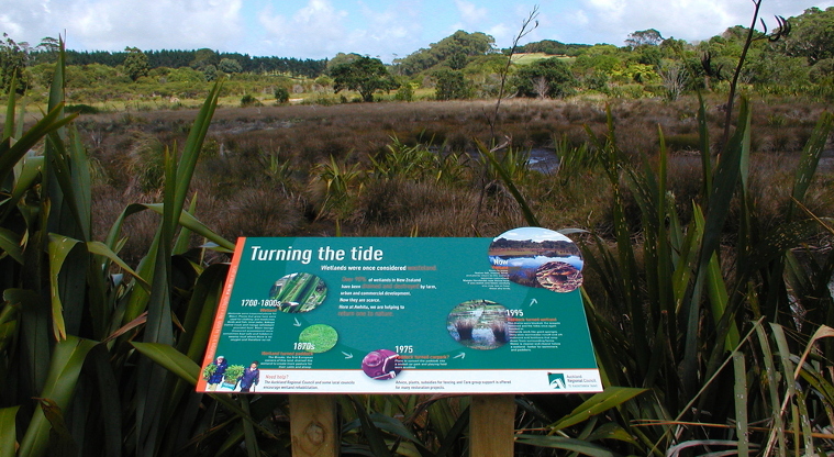 Awhitu Regional Park - information sign over wetlands.