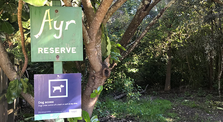 Ayr Reserve - Signs at one of the entrances showing the dog rules for the reserve.