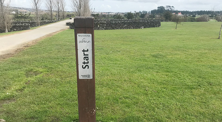 Barry Curtis Park - Sign showing where the weekly Park Run starts.
