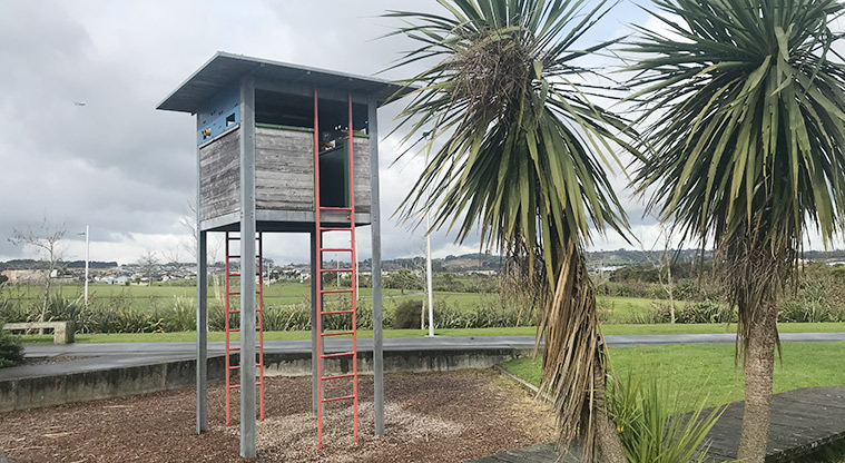 Barry Curtis Park - High tree hut in the playground area.