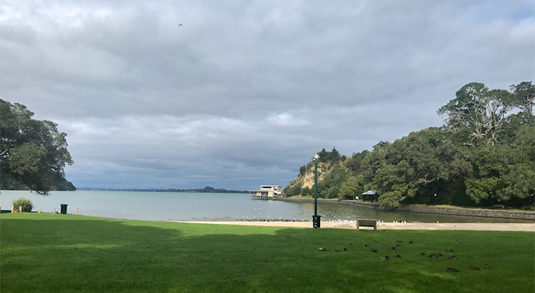 Āmio / Blockhouse Bay Beach Reserve – View overlooking the grass towards the beach and boat club.