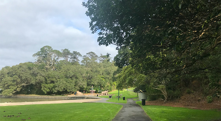 Āmio / Blockhouse Bay Beach Reserve – View from Endeavour Street looking into the park. Toilets, barbecue, playground and beach in view.