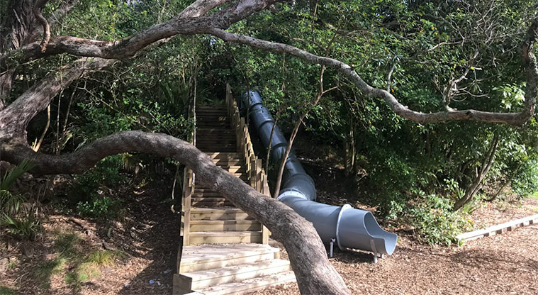 Āmio / Blockhouse Bay Beach Reserve - Steps leading up to the top of the slide set in trees.