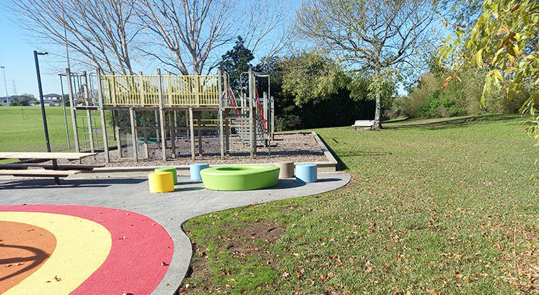 Onewherowhero / Brains Park - The playground with open grassed space and trees.