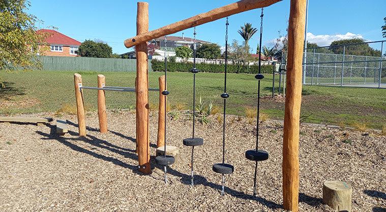 Onewherowhero / Brains Park - Hanging ropes and bases for swinging and climbing with dip bars in the background.