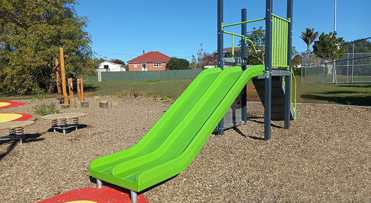 Onewherowhero / Brains Park - Double green slide on the junior play module.