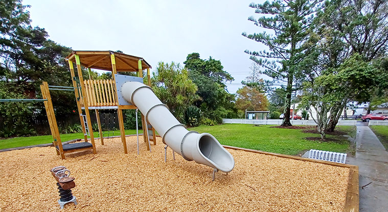 Collins Park - Section of the playground with open space, trees and the road in the background.