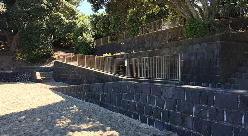 Coyle Park – The sloping paths zig-zagging down to the sandy beach.