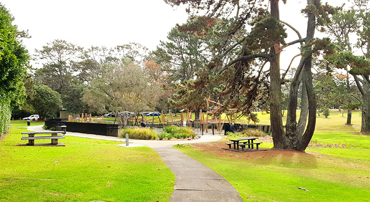 Craigavon Park - Open space with picnic tables under the trees and the playground in the background.