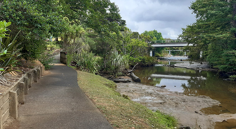 Cranwell Park - Path along the left of the stream with a bridge and trees in the background.