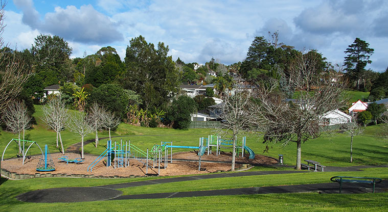 Maire / Emerald Valley Park - Looking down on to the playground, network of paths and open green space.&nbsp; Photo credit: Tracey Hodder.