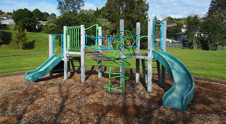 Maire / Emerald Valley Park – Play equipment for younger children with slides and a wobbly bridge. Photo credit: Tracey Hodder.