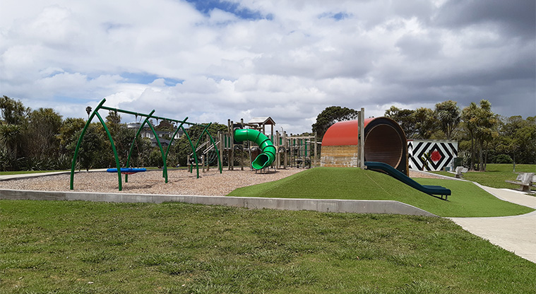Eric Armishaw Park – Playground with swings, rocker toy, slides, climbing nets and fireman's pole. Toilet block is behind the playground.