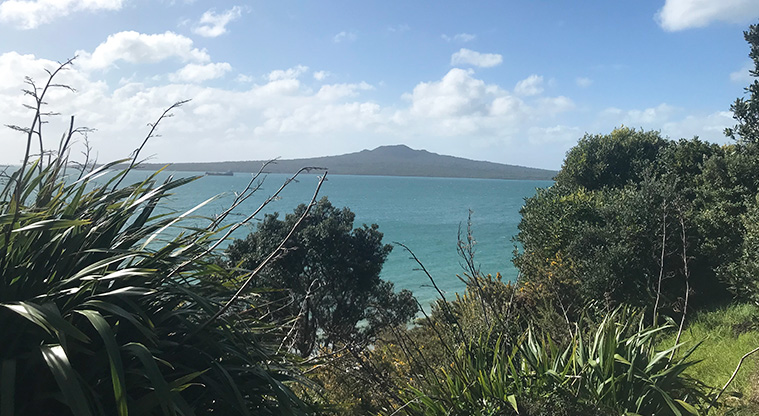 Fort Takapuna Reserve - View of Rangitoto Island.