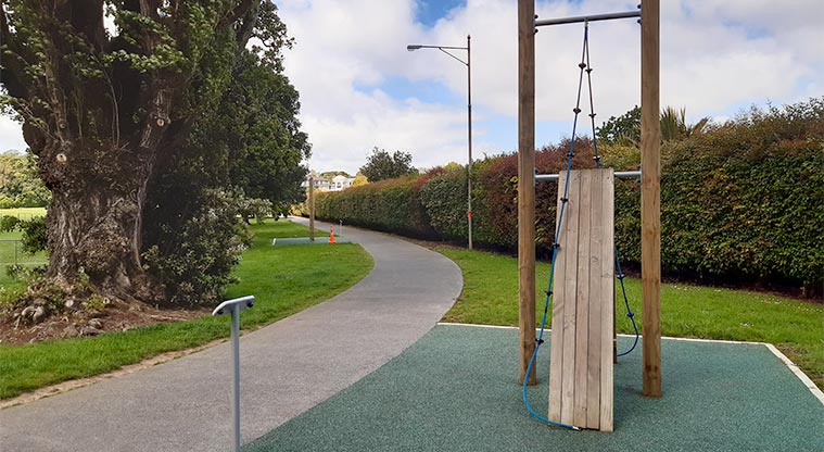 Fowlds Park - Fitness equipment with ramp and a rope along the park's fitness trail.