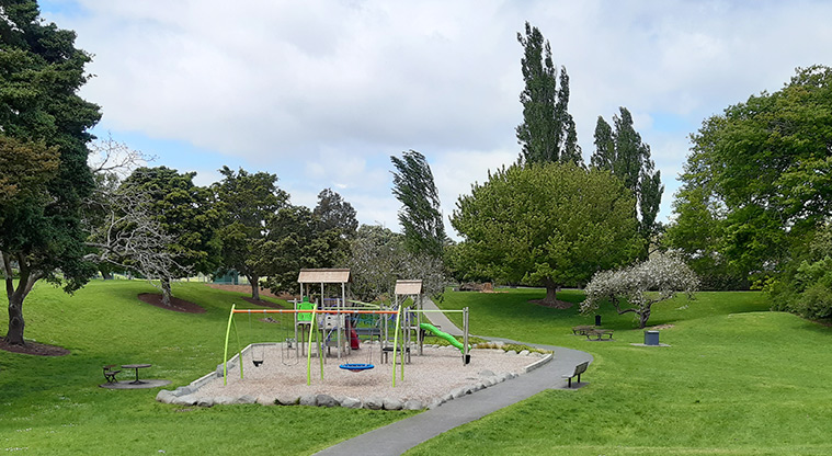 Fowlds Park - Playground with open space, trees, picnic tables and seating, and a barbecue in the background.