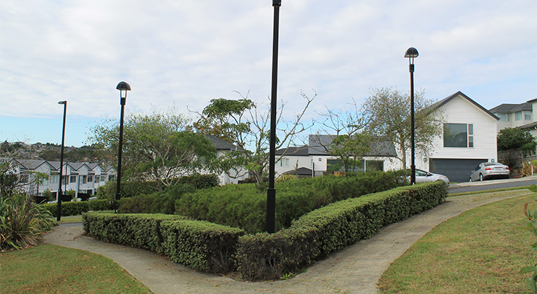 Galbraith Greens - Triangular shaped section of the garden with a path around it. Photo credit: M Loubser.