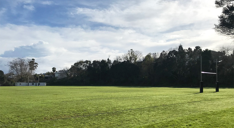 Grey Lynn Park - Sports field and goal posts, with trees in the background.